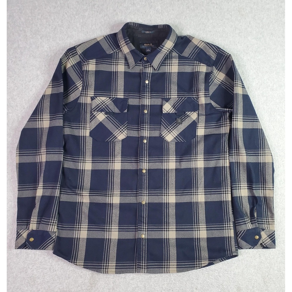 Roark Shirt Mens Large Blue Plaid Flannel Snap Front Long Sleeve Classic RW452